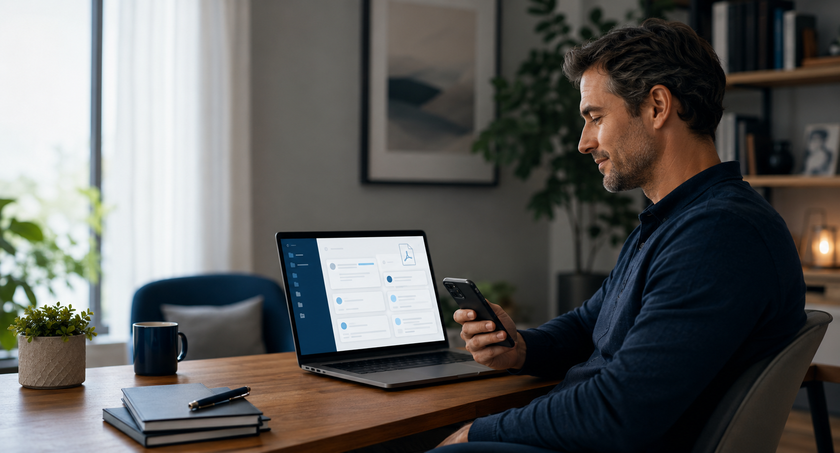 Customer reviewing a private message PDF archive on a laptop and phone