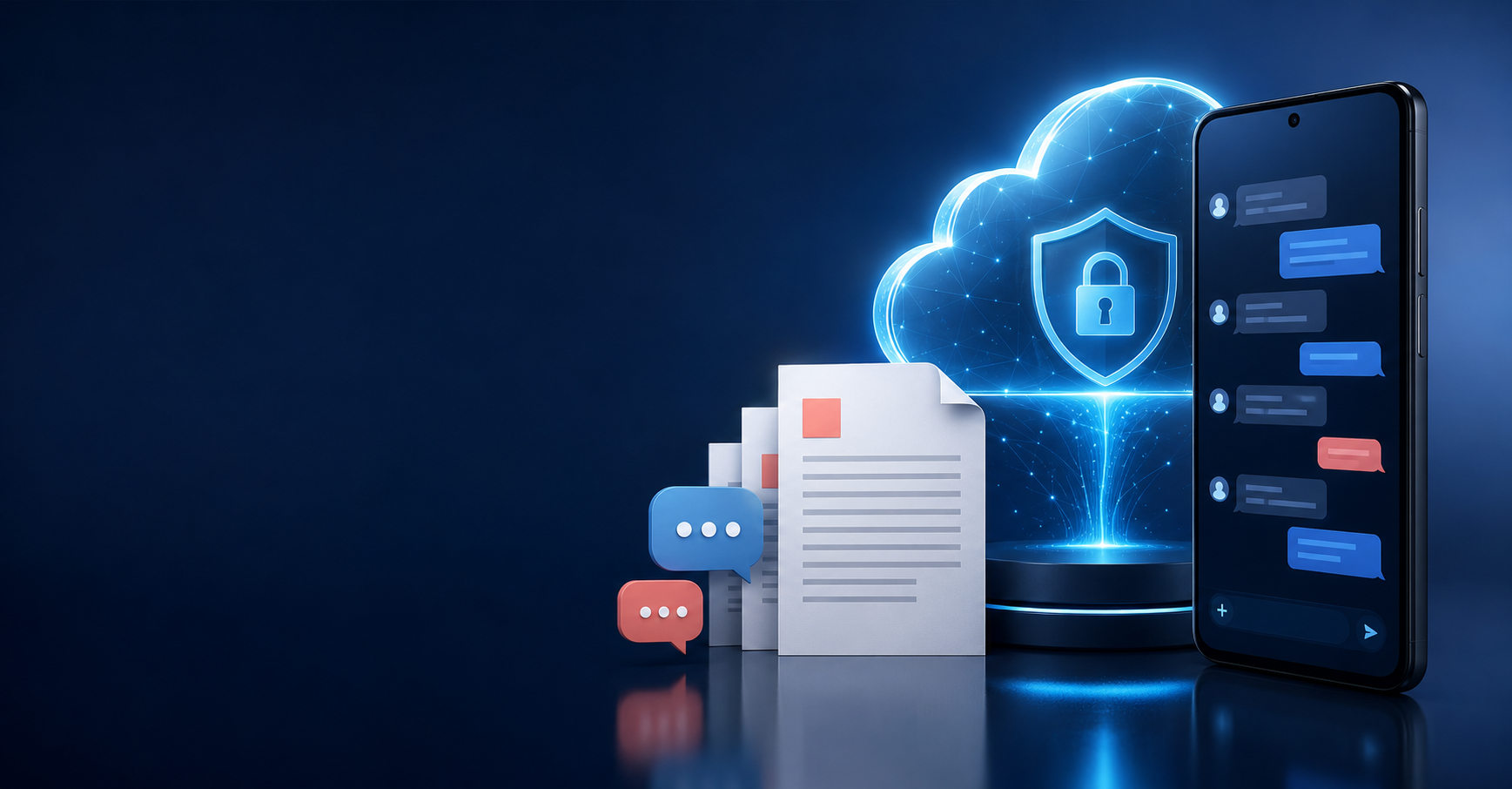 Android phone messages beside PDF documents and a secure cloud